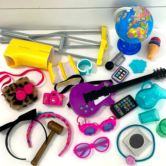Various Other - 18” Doll Accessories Lot Guitar Crutches & Casts Phones Microphone Globe Glasses